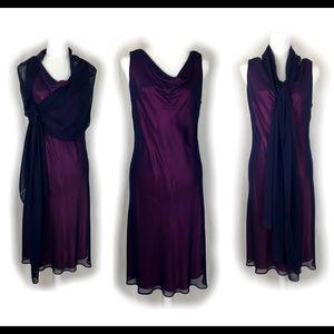 Navy with Pink Underlay Draped Neck Dress